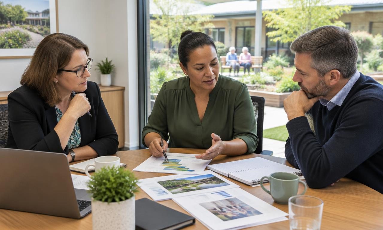 Aged care leaders reviewing service capacity, workforce and sustainable growth information.