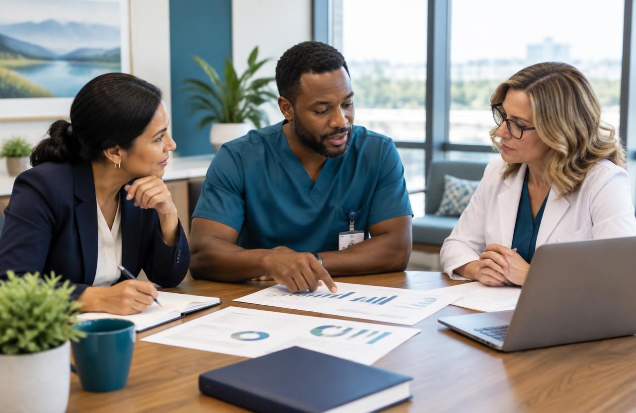 Illustrative image of healthcare leaders discussing service performance together