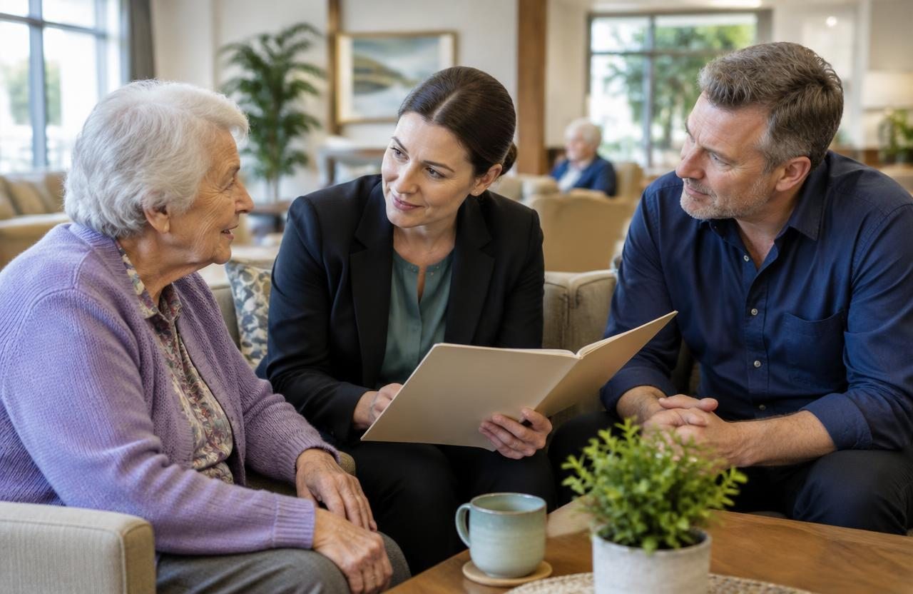 Residential aged care leaders listening to resident feedback during a quality improvement review.