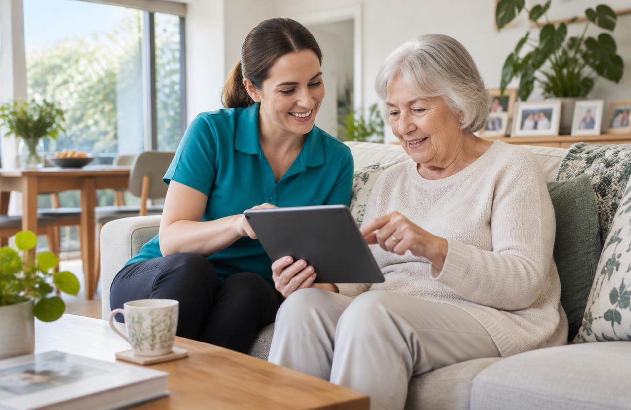 Illustrative image of an in-home aged care worker and an older woman reviewing a tablet together at home